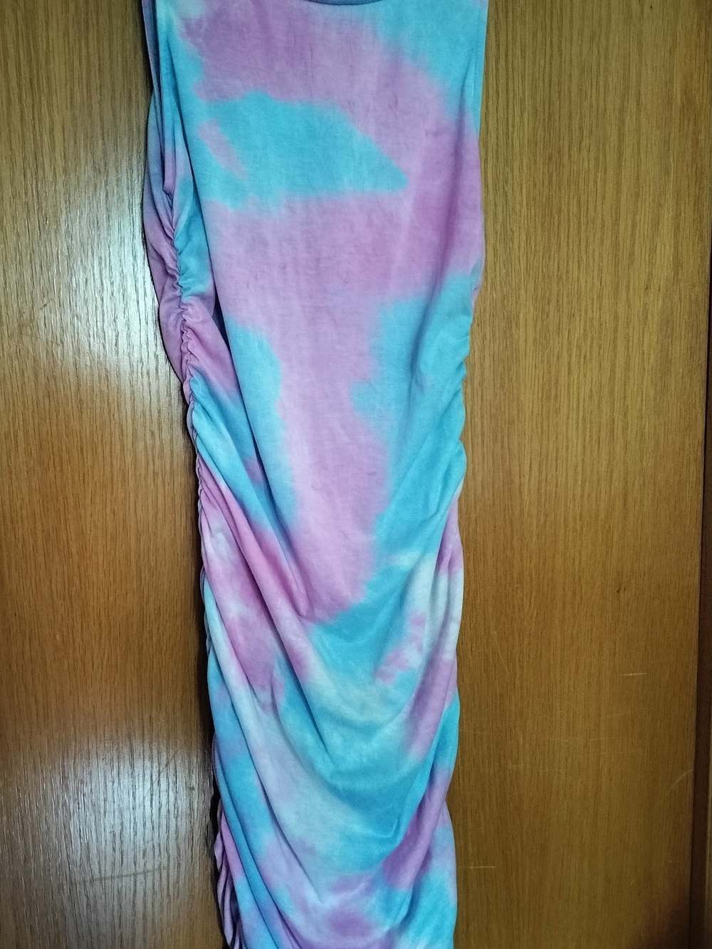 Tie-Dye Pink/Blue Bodycon Midi Dress Side Ruching Sleeveless Size Large